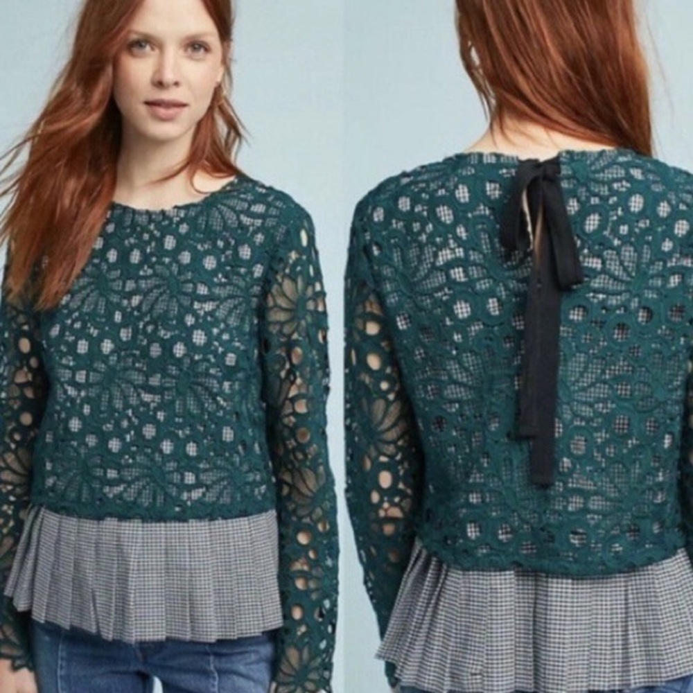 Anthropologie Maeve Gabriella Green Lace Peplum Gingham Top Blouse Shirt X-Small